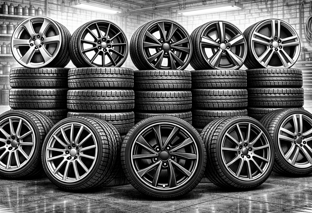 Schwarz-weiß Illustration von gestapelten Autoreifen mit verschiedenen Alufelgen in einer Werkstatt. Mehrere Felgendesigns sind auf Reifenstapeln präsentiert, im Hintergrund sind Regale und Werkstattausrüstung zu sehen.