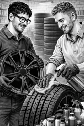 Alt-Text: Schwarz-weiß Illustration von zwei Männern in einer Werkstatt, die gemeinsam einen Autoreifen und eine Felge reinigen. Einer hält eine Felge, während der andere den Reifen mit einem Tuch und Reinigungsmittel säubert. Im Hintergrund sind gestapelte Reifen und Werkstattregale zu sehen.