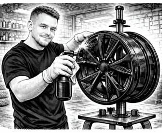 Schwarz-weiß Illustration eines Mechanikers, der in einer Werkstatt eine Alufelge mit einem Reinigungsmittel besprüht. Die Felge ist auf einer Halterung montiert, im Hintergrund sind Werkzeuge und Regale zu sehen.