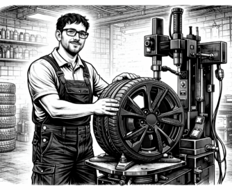 Schwarz-weiß Illustration eines Mechanikers mit Brille, der in einer Autowerkstatt einen Reifen mit Alufelge auf einer Montagemaschine ausrichtet. Im Hintergrund sind Reifenstapel, Regale und Werkstattausrüstung zu sehen.