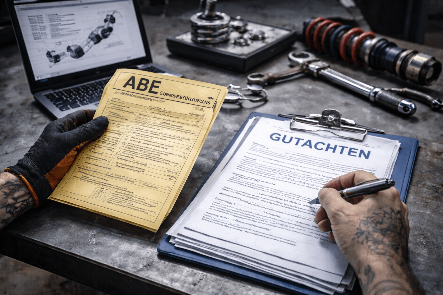 Mechaniker prüft ABE-Dokumente und Gutachten für Fahrzeugumbauten in einer professionellen Werkstatt