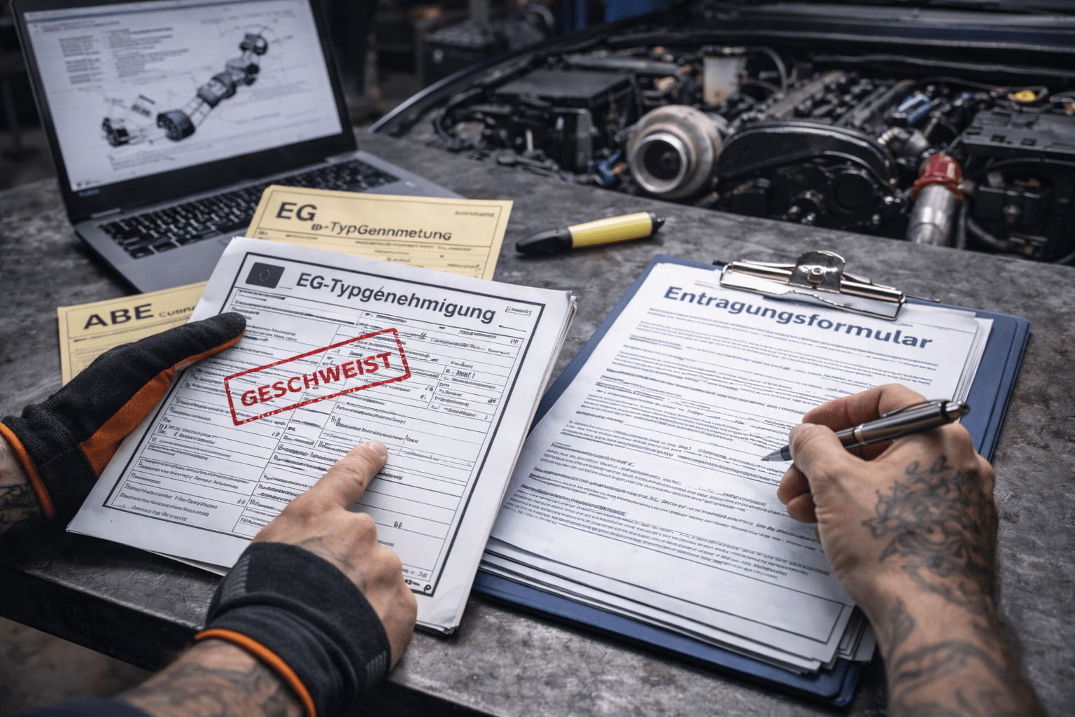 Mechaniker berät zur Eintragung von Fahrzeugumbauten anhand von Unterlagen in einer Kfz-Werkstatt