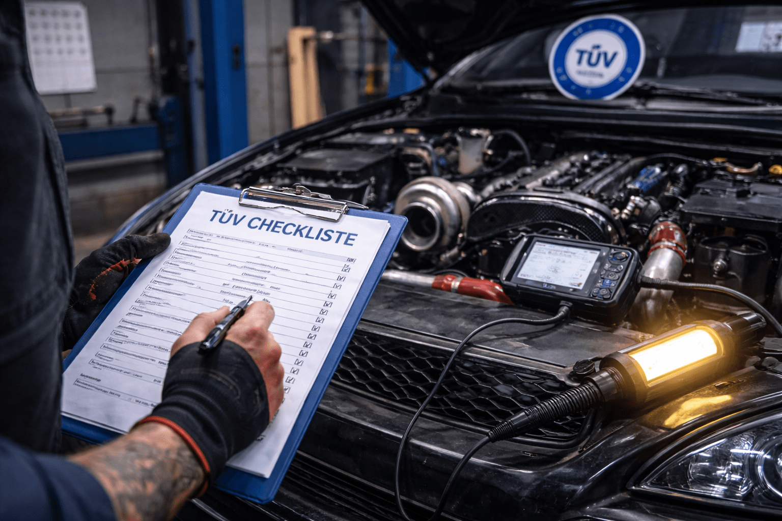 Mechaniker kontrolliert Motorraum zur TÜV-Vorbereitung und technischen Fahrzeugprüfung