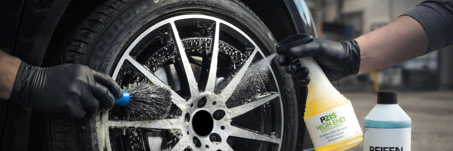 Professionelle Felgen- und Reifenpflege mit Reinigungsschaum in einer Autowerkstatt, Nahaufnahme einer glänzenden Alufelge während der Pflege