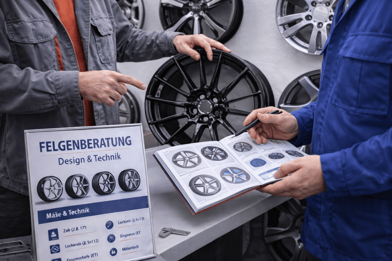 Mechaniker beraten Kunden zu Felgendesign und technischen Felgendaten vor einer Felgenwand in der Werkstatt