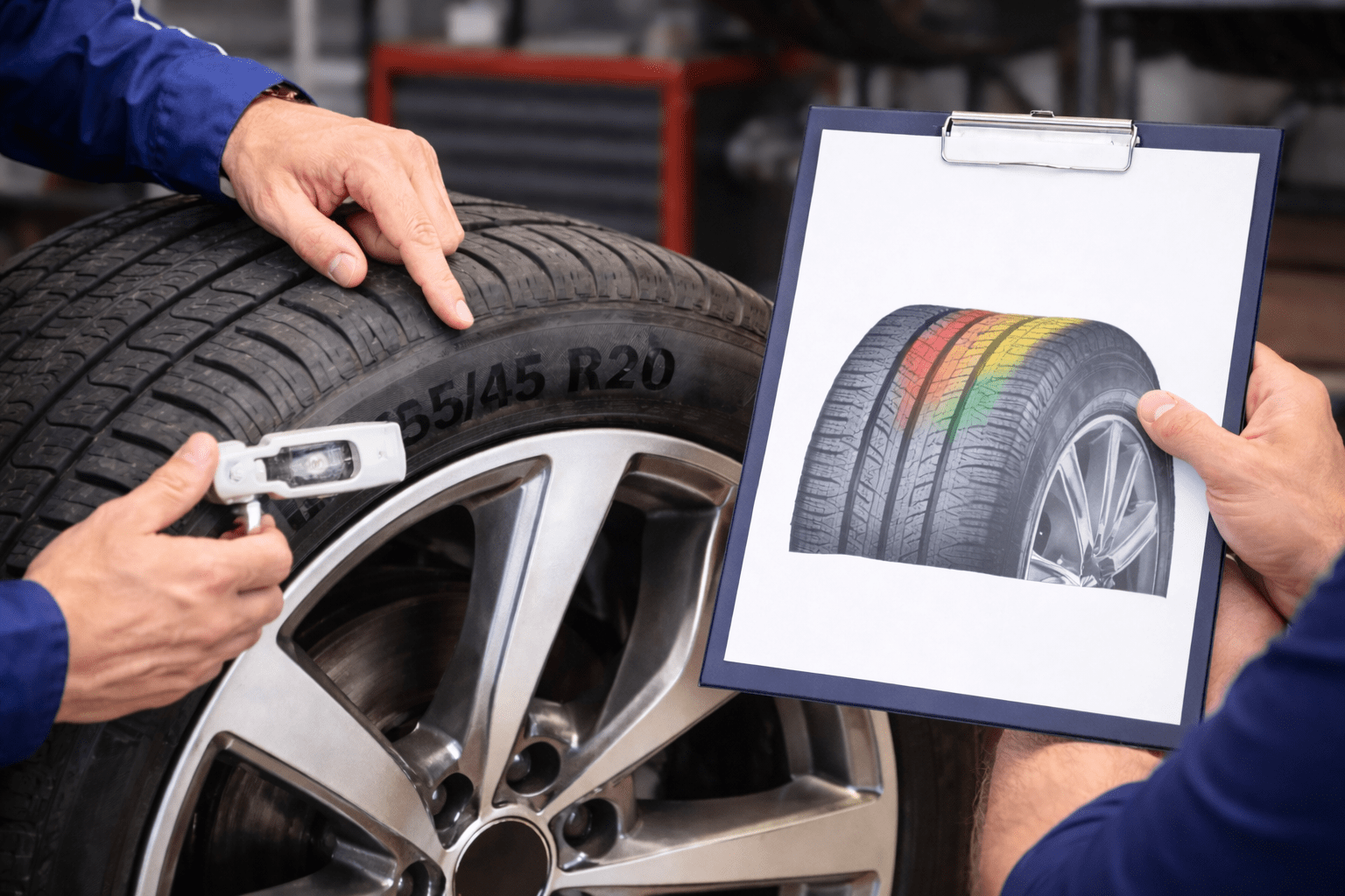 Mechaniker analysieren Reifengröße anhand der Reifenkennzeichnung und messen Reifen in einer professionellen Werkstatt