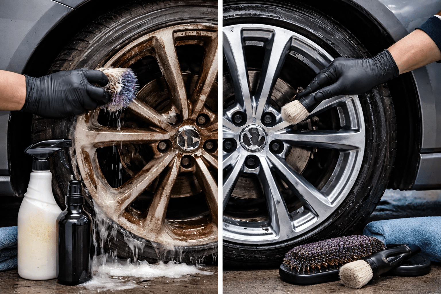 Professionelle Innen- und Außenreinigung einer Alufelge, Vorher-Nachher-Effekt mit sauberem Felgenbett