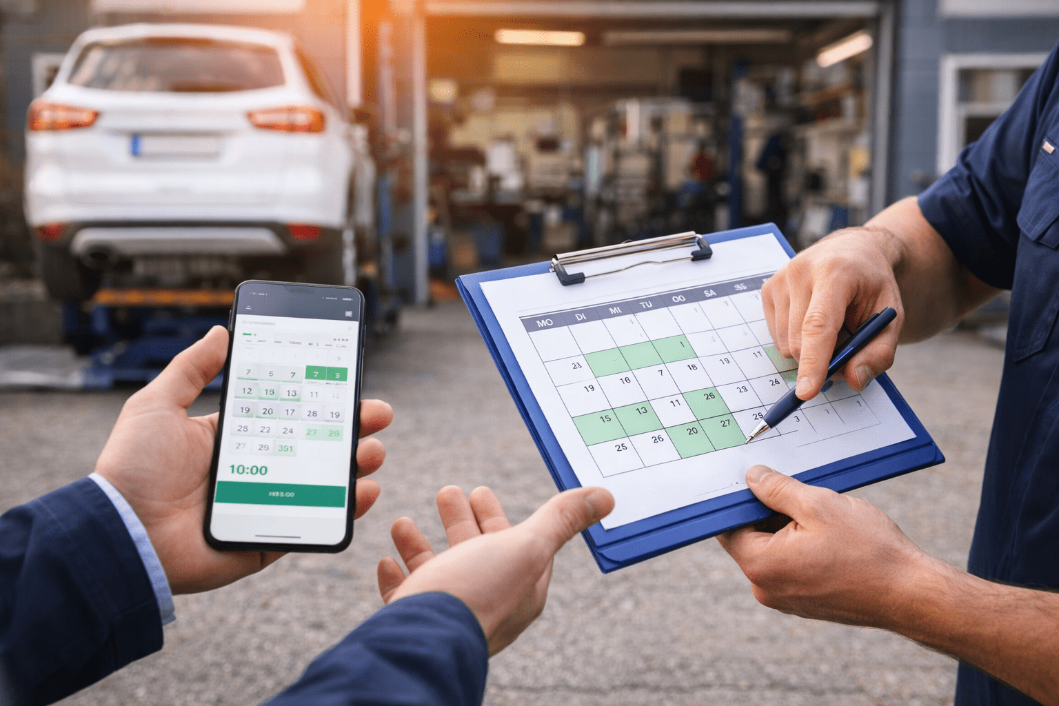 Werkstattmitarbeiter planen flexiblen Service-Termin mit Smartphone und Kalender