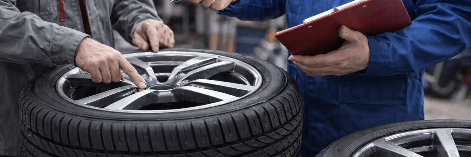 Mechaniker beraten Kunden zu Kompletträdern, Reifen und Felgen in einer professionellen Kfz-Werkstatt, Fokus auf Radmontage und Service