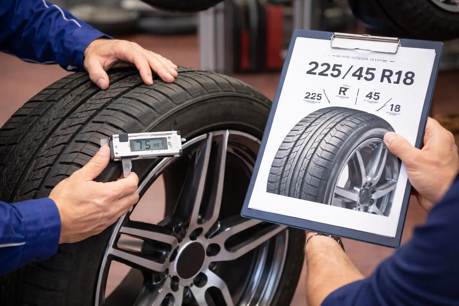 Mechaniker misst die Profiltiefe eines Autoreifens mit einem Profiltiefenmesser in einer Kfz-Werkstatt