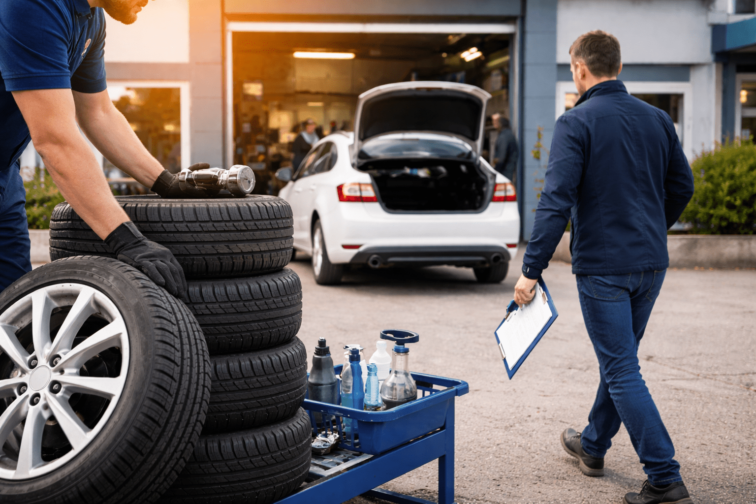Mechaniker bereitet Reifen und Fahrzeugabholung vor einer Kfz-Werkstatt vor