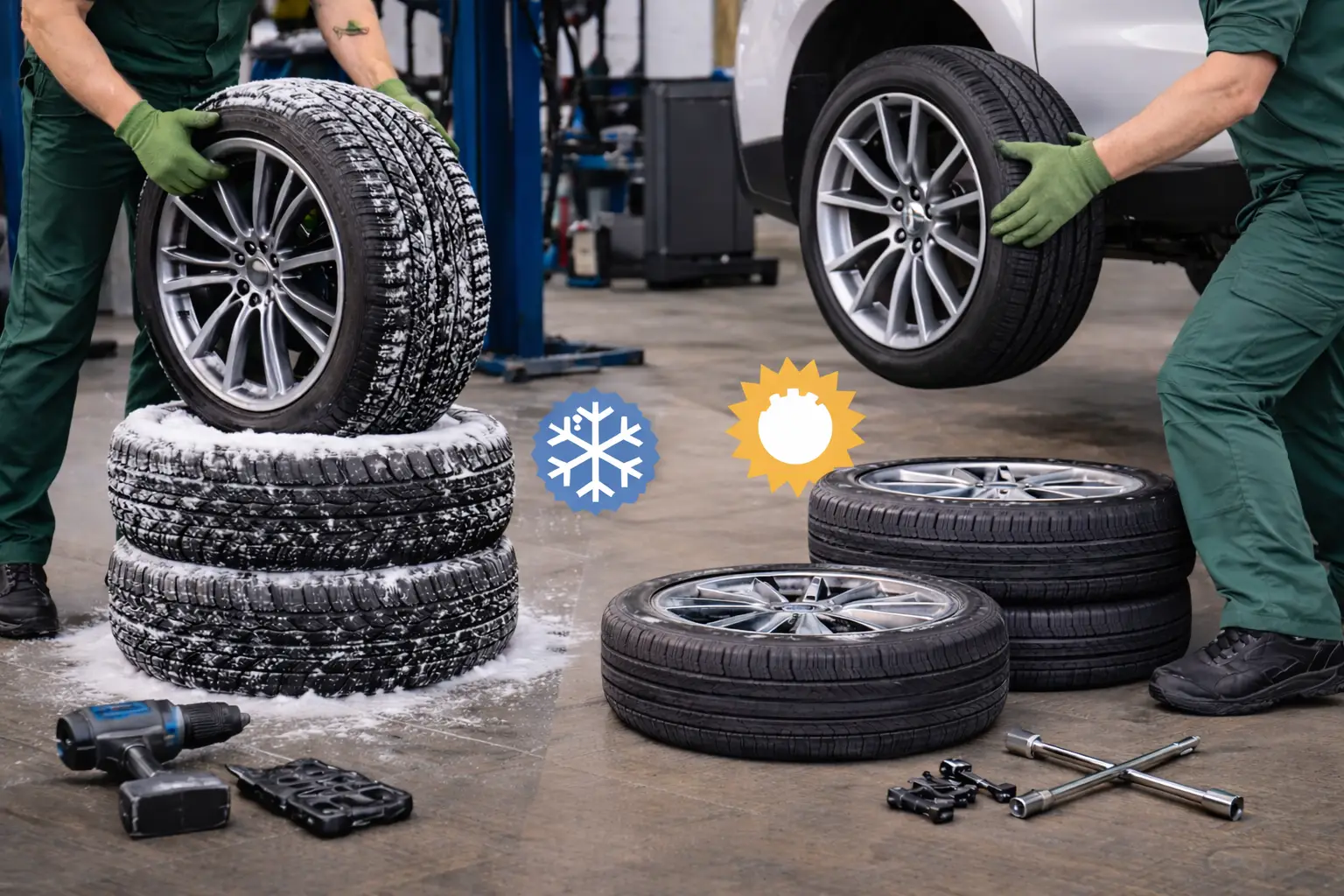 Mechaniker führt professionellen Sommer-Winter-Räderwechsel in einer modernen Kfz-Werkstatt durch