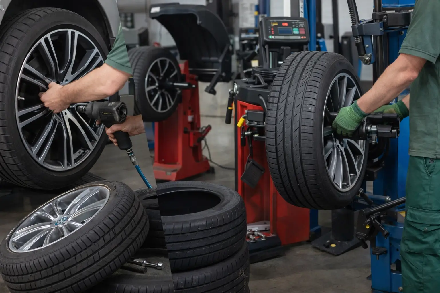Reifen wird demontiert, montiert und auf einer Wuchtmaschine ausgewuchtet in einer Autowerkstatt