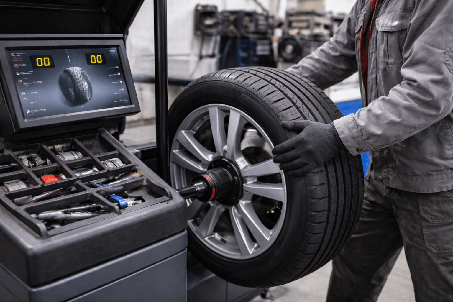 Mechaniker präsentiert Kompletträder mit montierten Reifen und Felgen im Verkaufsbereich einer Werkstatt