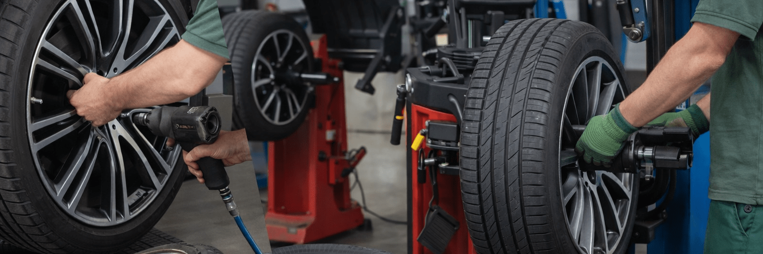Mechaniker montiert Autoreifen mit Schlagschrauber in einer modernen Kfz-Werkstatt – Reifen- und Räderservice