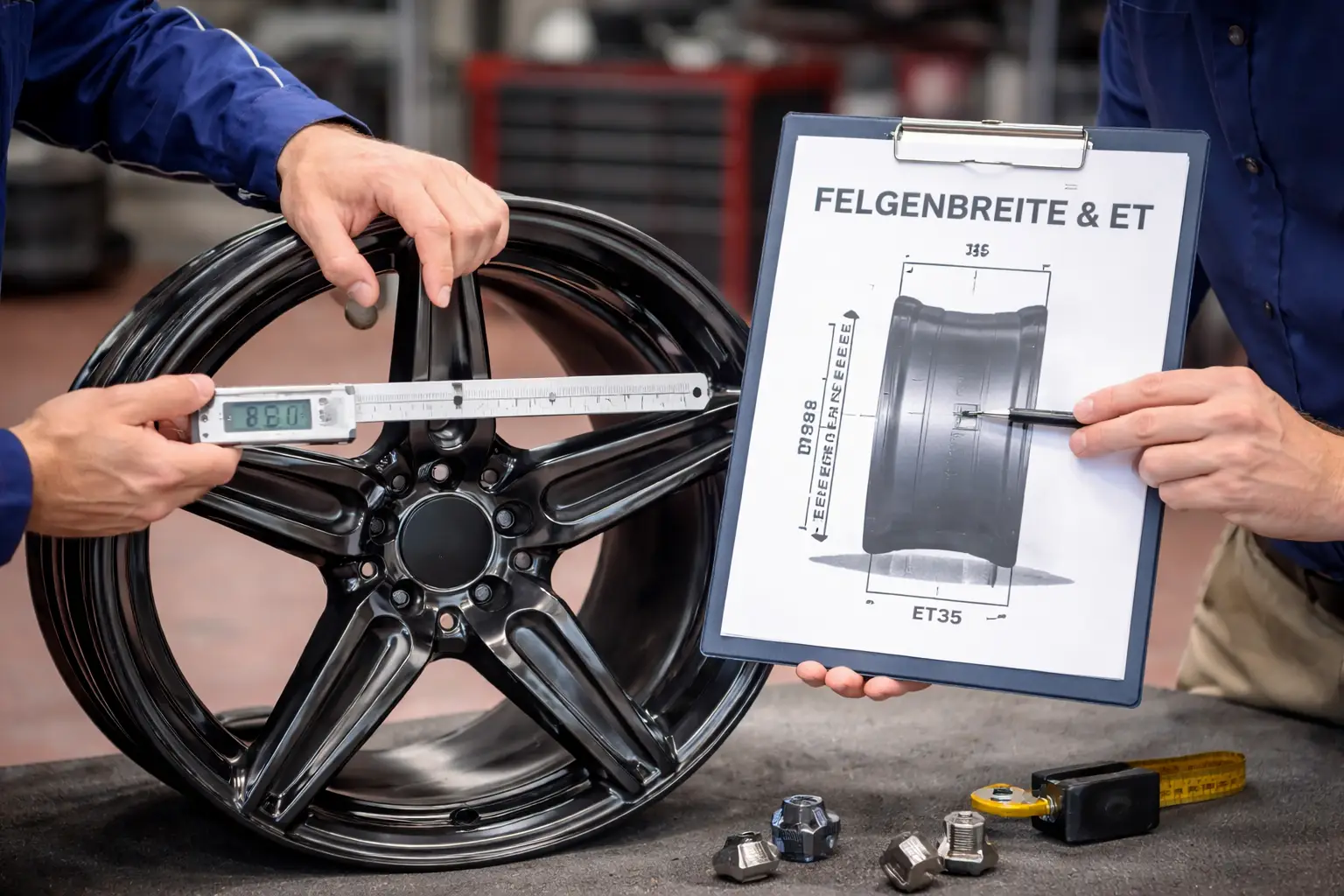 Mechaniker messen Felgenbreite und Einpresstiefe (ET) zur optimalen Felgenberatung in der Kfz-Werkstatt
