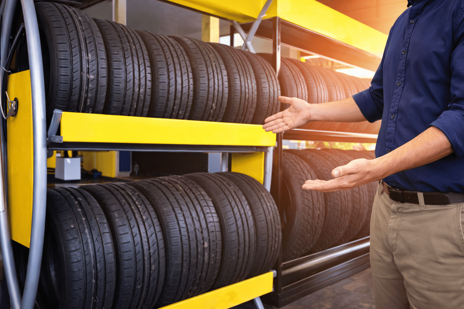 Werkstattmitarbeiter präsentiert verschiedene Reifenmarken vor einem Reifenregal zur professionellen Reifenempfehlung