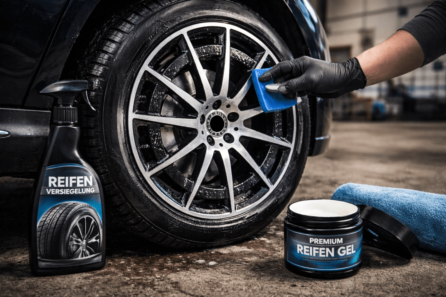 Reifenpflege mit Versiegelung in einer Autowerkstatt, glänzender Reifen wird mit Pflegeprodukt behandelt
