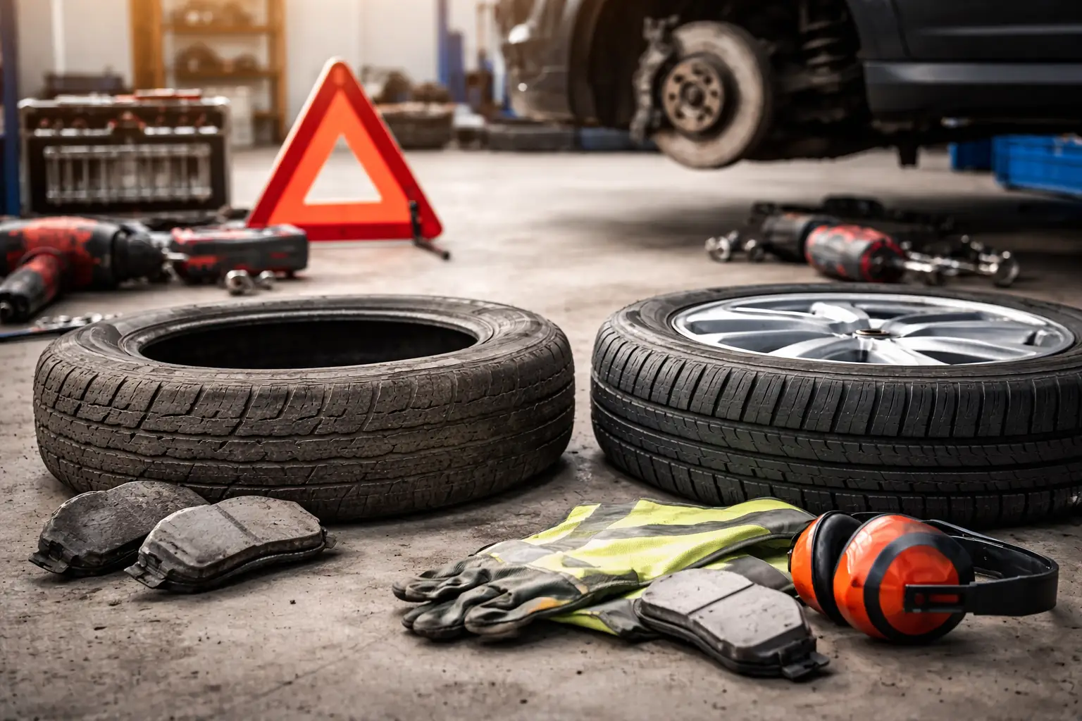 Neue und abgenutzte Autoteile mit Sicherheitsausrüstung in einer Kfz-Werkstatt für Reparatur und Ersatz