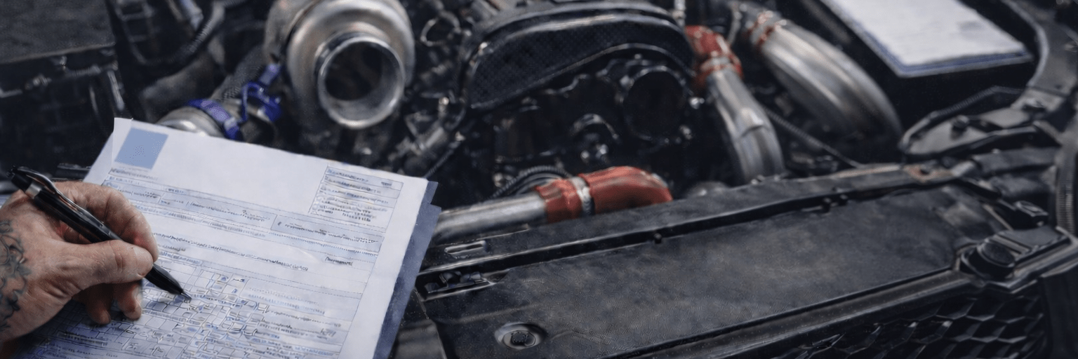 Mechaniker prüft Fahrzeugumbauten im Motorraum während einer TÜV-Eintragungsberatung in einer Kfz-Werkstatt